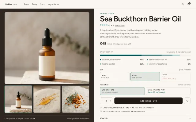Halden Skin: the cosmetics product page built with the ui-craft skill loaded.