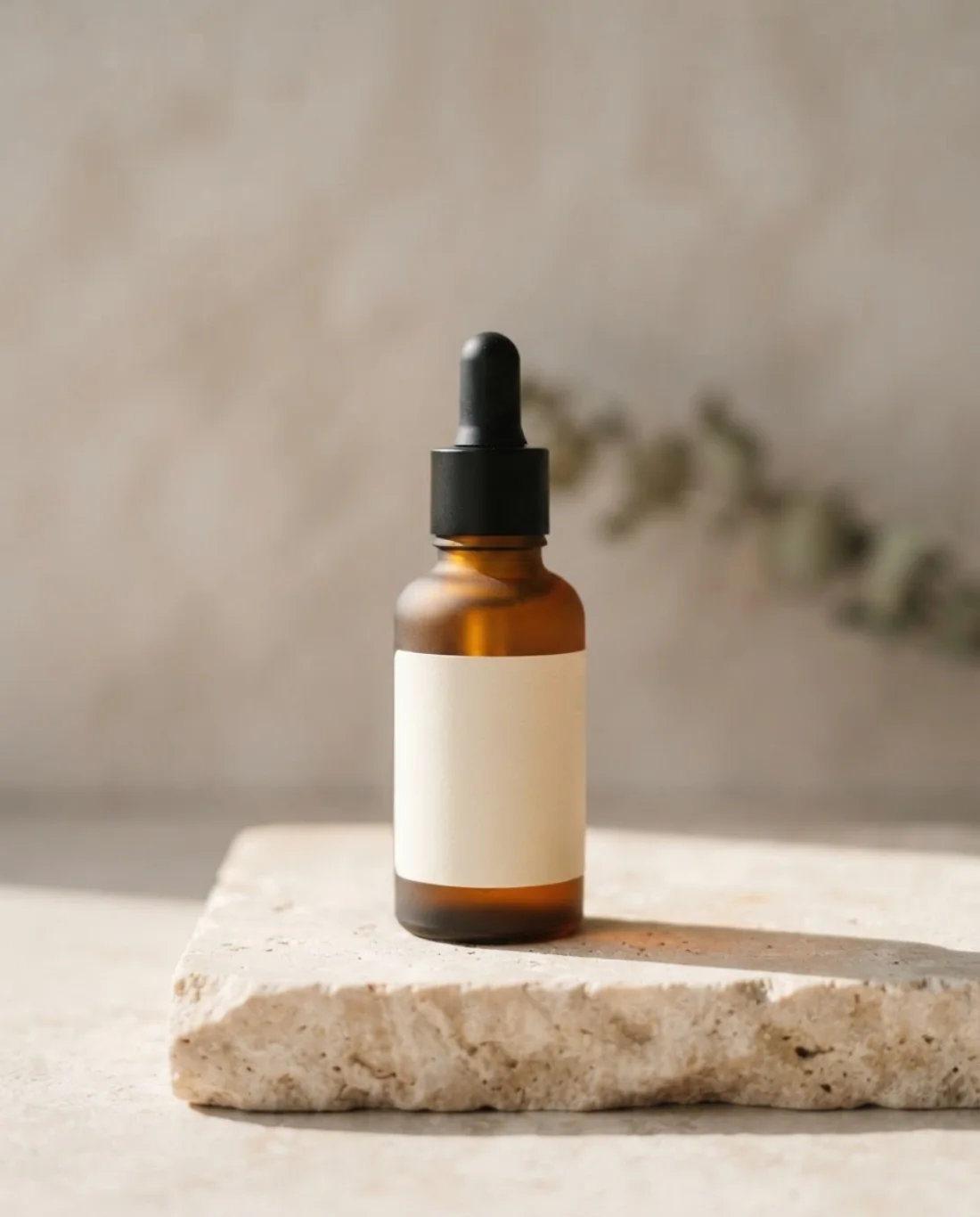 A 30 ml frosted amber dropper bottle of Sea Buckthorn Barrier Oil standing on a travertine ledge.