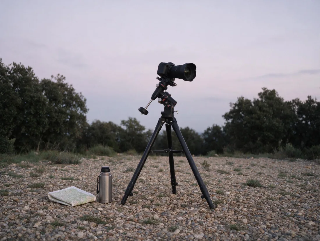 A small equatorial mount and camera set up on gravel at twilight, a folded map and a thermos on the ground beside it.